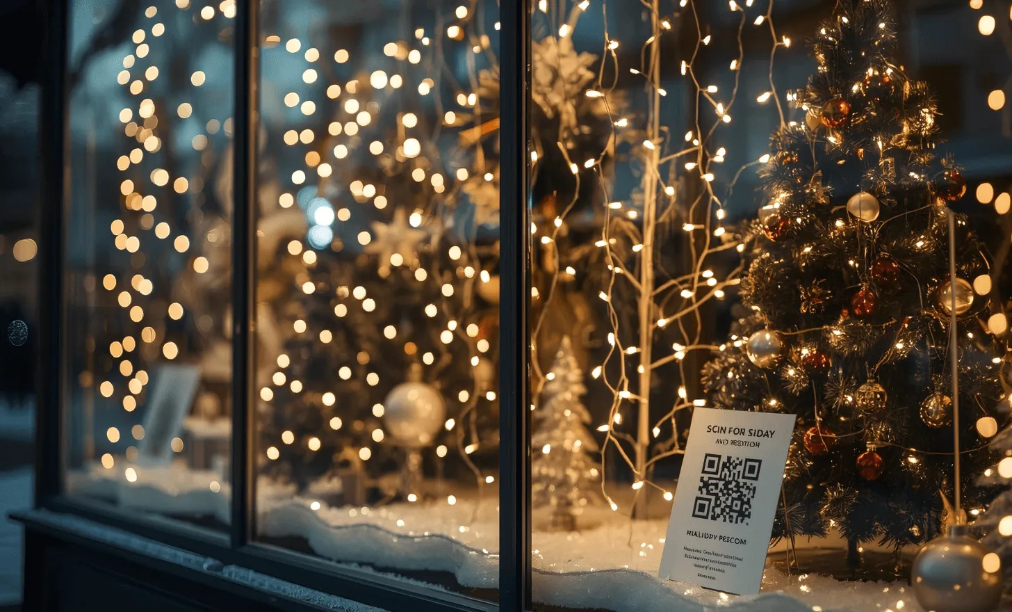 Christmas window display featuring a QR code promoting a holiday campaign.