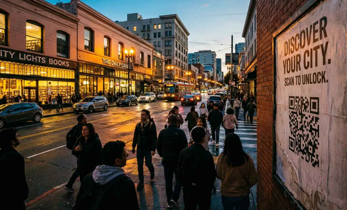 City street at dusk with illuminated storefronts and a poster featuring a QR code in the foreground.