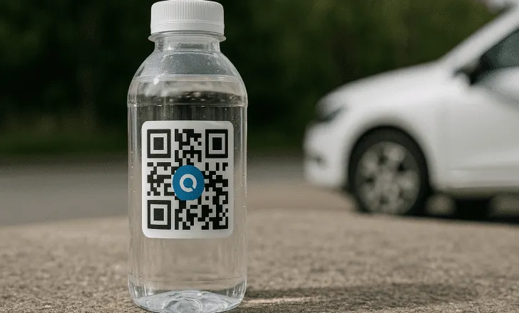 Clear water bottle outdoors with a QR code sticker on the front