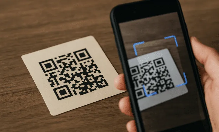 Primer plano de una tarjeta de código QR beige siendo escaneada con un teléfono