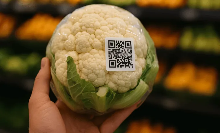 Close-up of a hand holding a cauliflower with a QR code label in a grocery store
