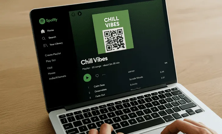 Primer plano de la pantalla de una computadora portátil que muestra una lista de reproducción de Spotify con un código QR incrustado en la carátula