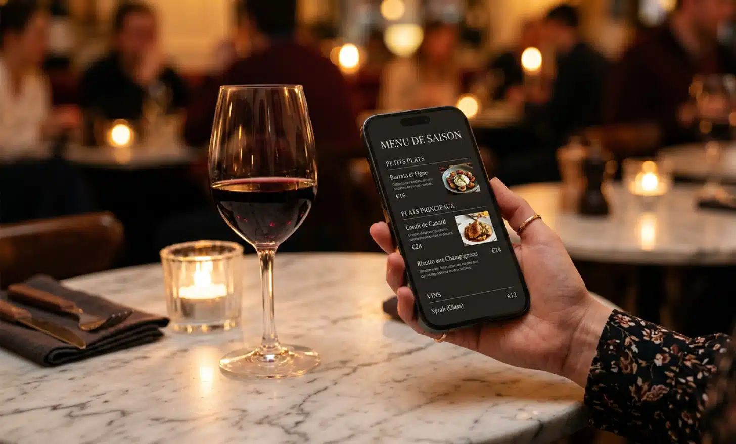 Close-up of a smartphone displaying a digital restaurant menu beside a wine glass on a bistro table.