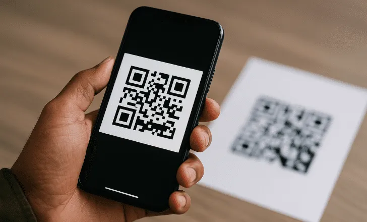 Close-up of a smartphone displaying a dynamic QR code with a printed version in the background