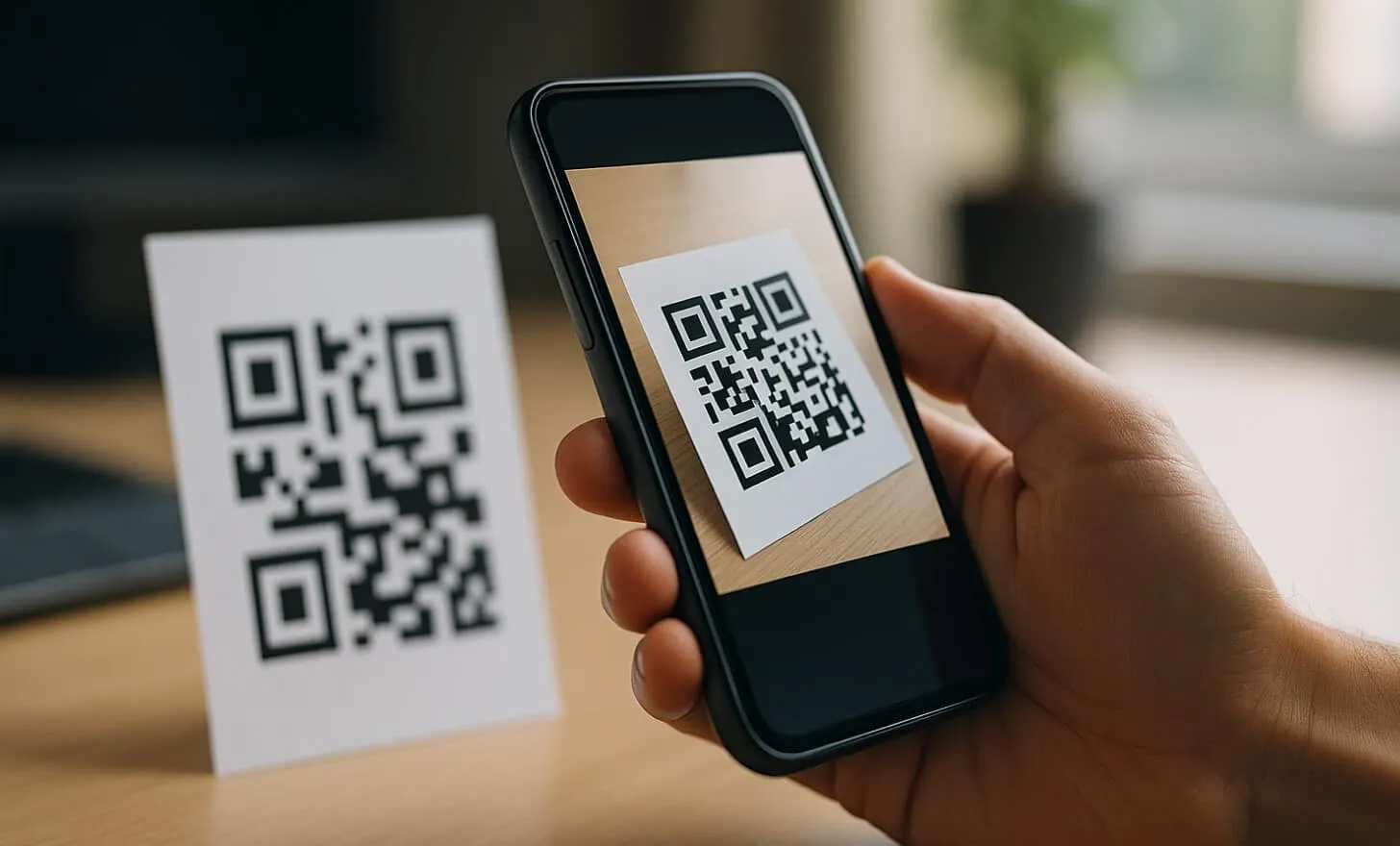 Gros plan d'un smartphone scannant un QR code sur une carte avec un arrière-plan de bureau flou