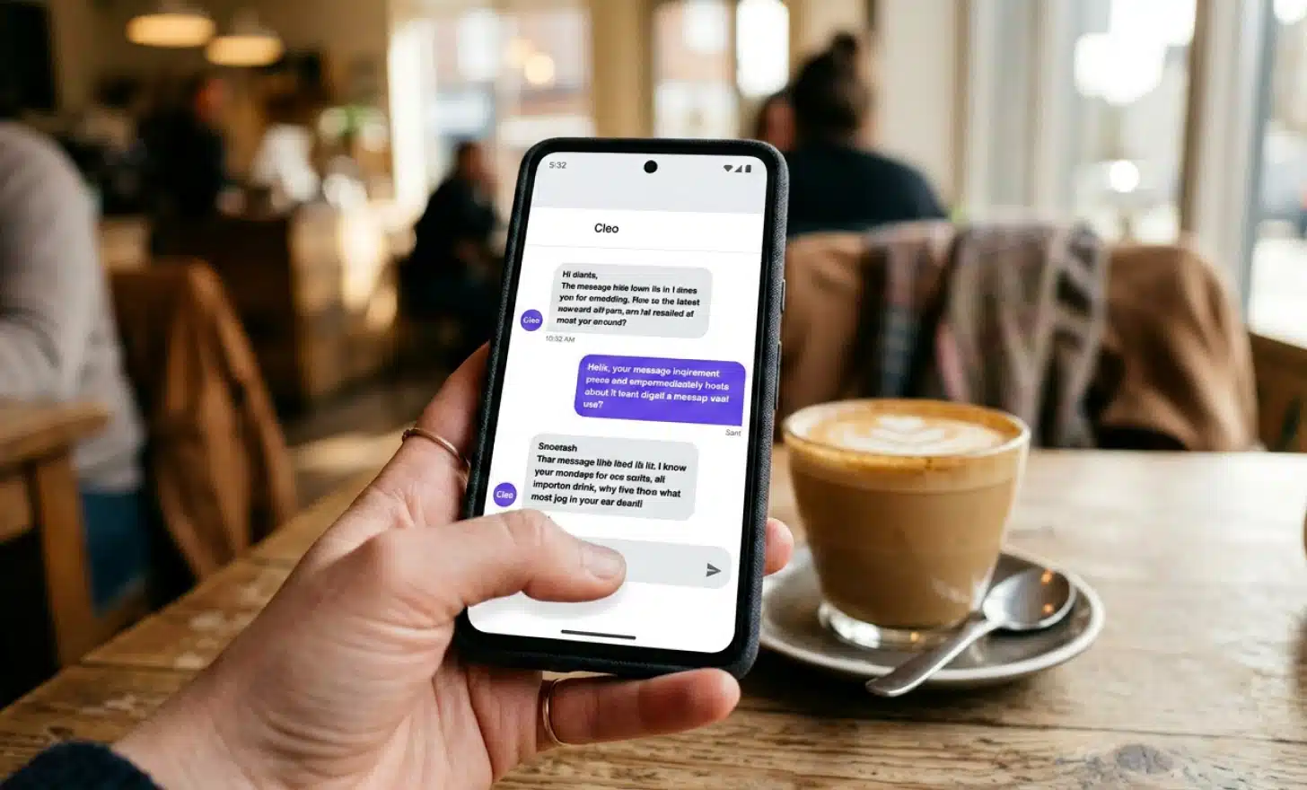 Close-up of a smartphone showing a chat conversation in a browser interface.