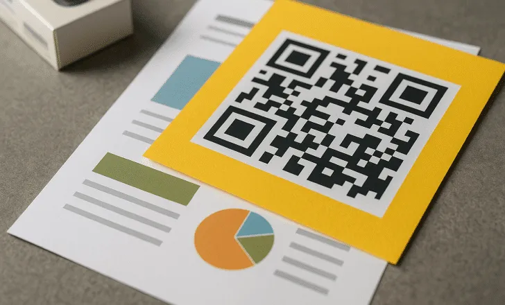 Rapport imprimé coloré avec une carte QR code à cadre jaune sur une surface grise