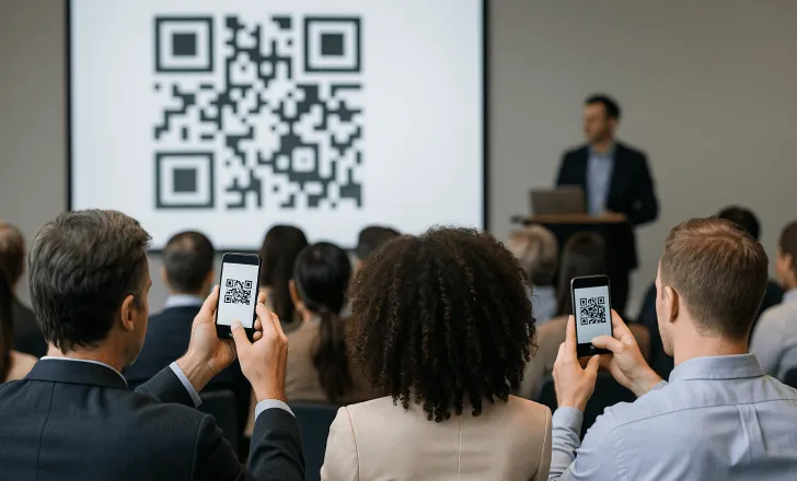 Conference attendees scanning a QR code projected on a screen during a live presentation