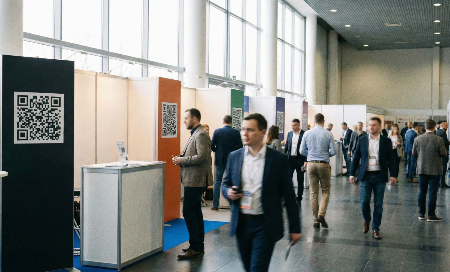Conference booths displaying different QR codes for specific purposes.