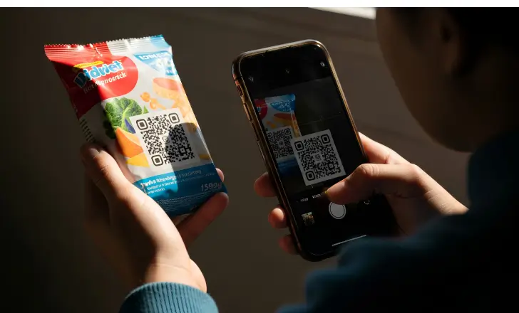Consumer scanning a QR code on product packaging to access digital content