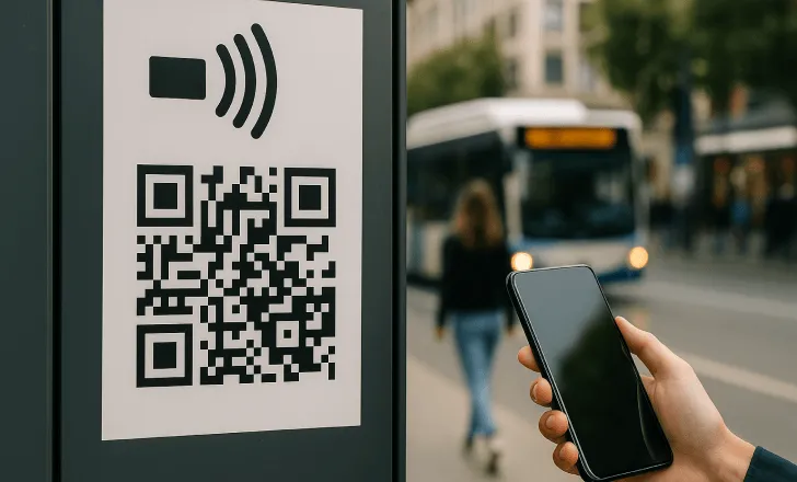 Contactless QR code payment sign at a city bus stop with smartphone nearby