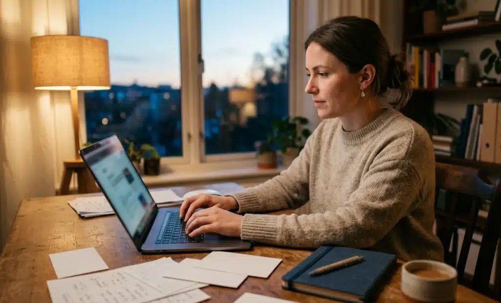 Content manager updating a knowledge base on a laptop surrounded by handwritten notes