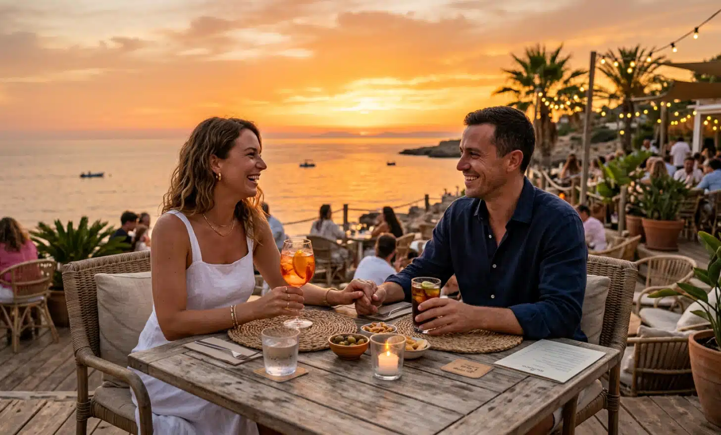 Couple enjoying drinks at a beach club at sunset