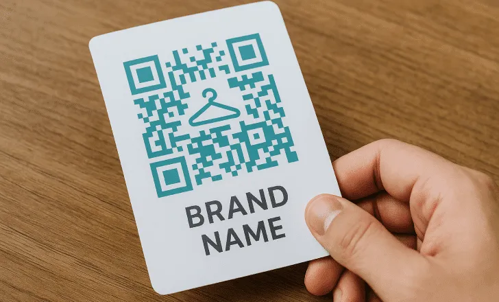 Código QR personalizado con ícono de percha y nombre de marca impreso en una tarjeta sobre una superficie de madera