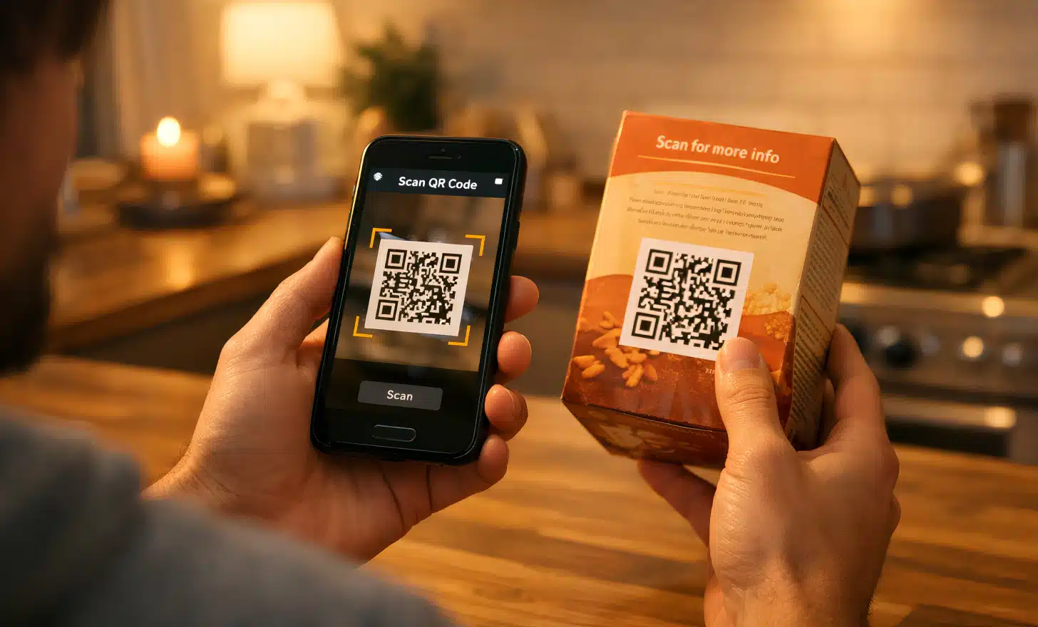 Customer engaging with product packaging QR code at home