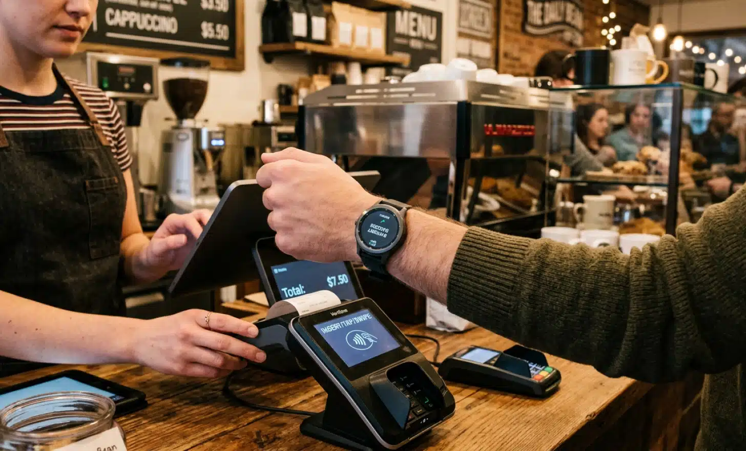 Customer paying at a coffee shop counter using a round-faced smartwatch