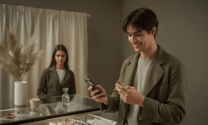 Cliente a ler um código QR no balcão de uma loja local
