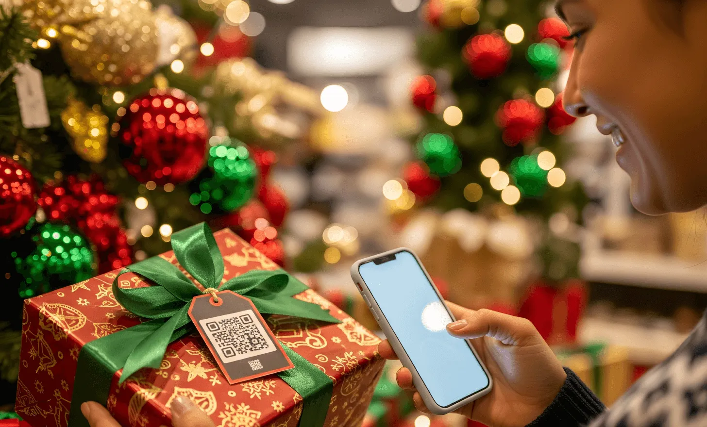 Customer scanning a QR code on Christmas gift packaging inside a store.