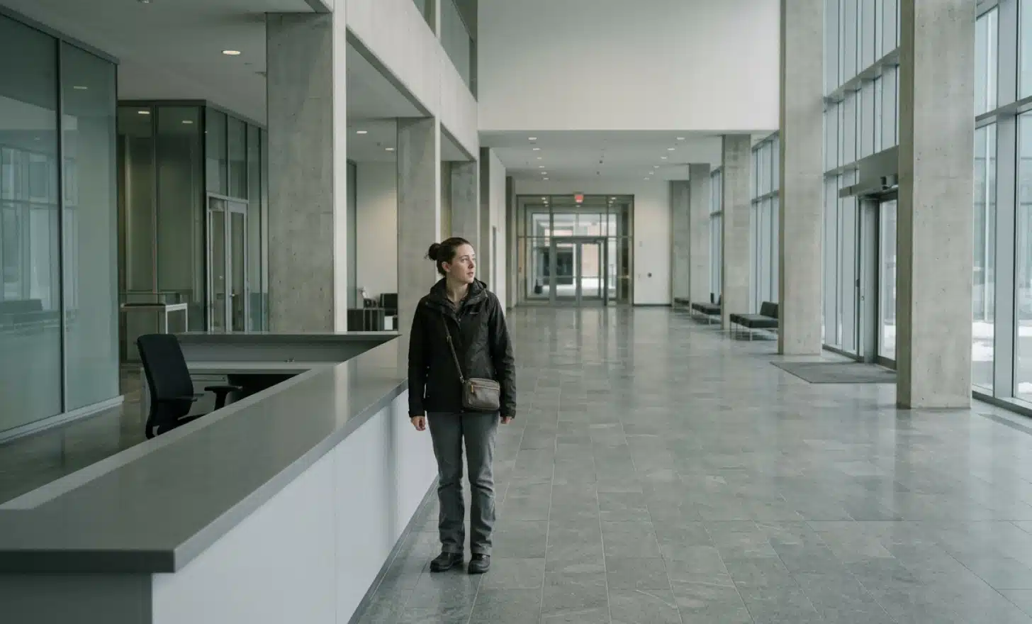 Customer standing at an unstaffed information counter, with no clear path to human help.
