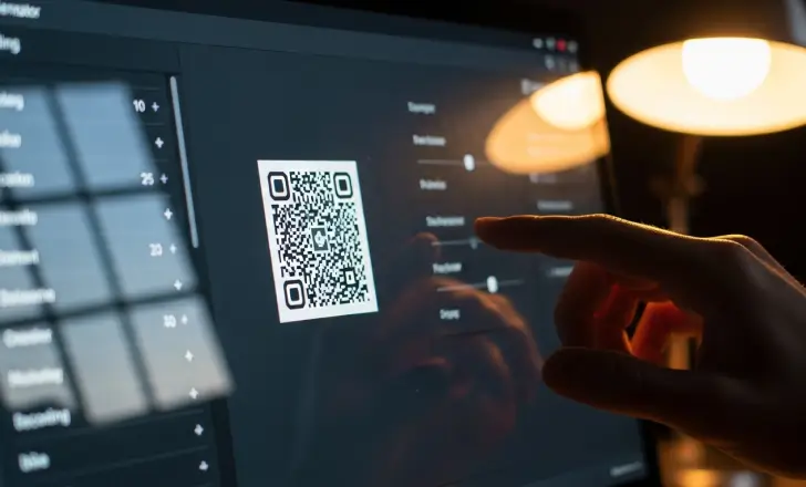 Designer adjusting technical QR settings on a computer.