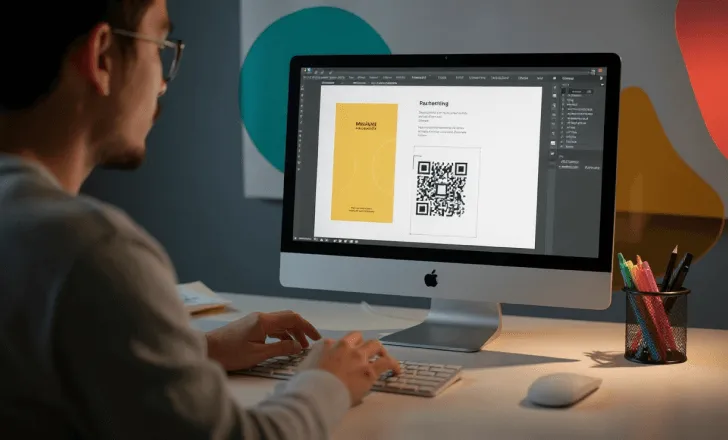 Designer checking white space around QR code on a computer screen.