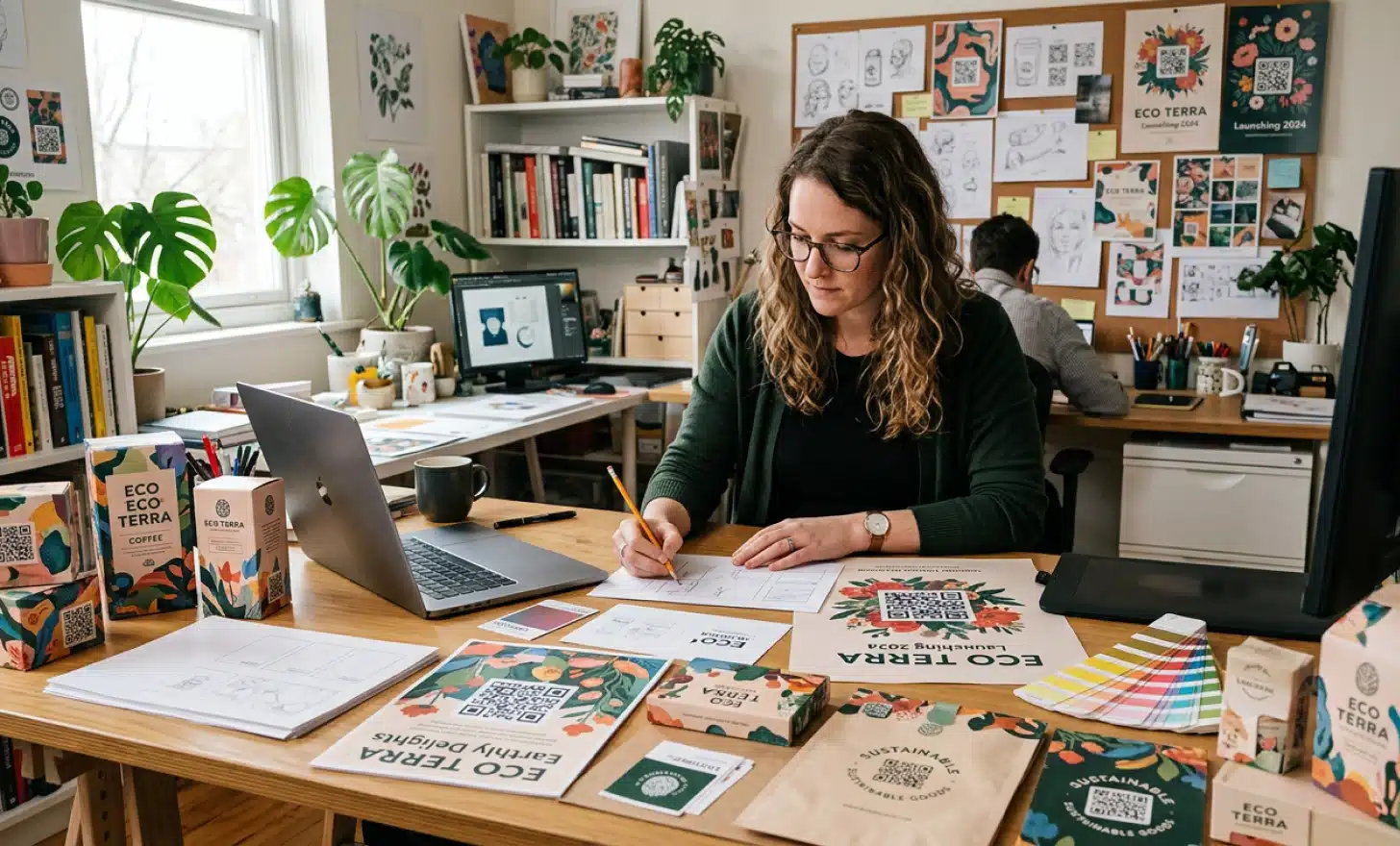 Designer creating branded marketing materials with QR codes