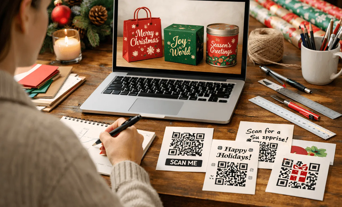 Designer preparing Christmas packaging with QR codes