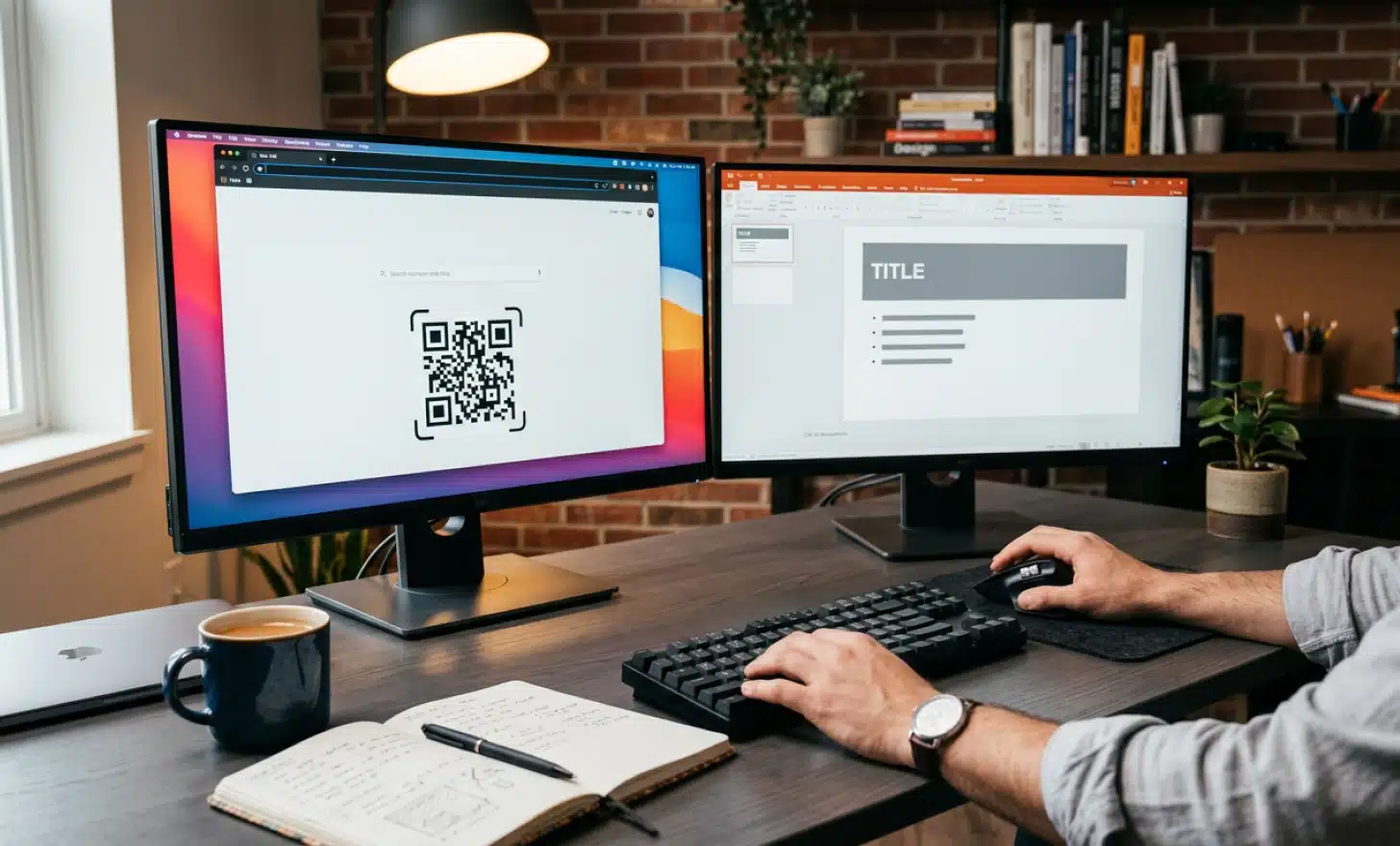 Designer with two monitors side by side, one showing a web browser with a QR code generator and the other showing a slide layout