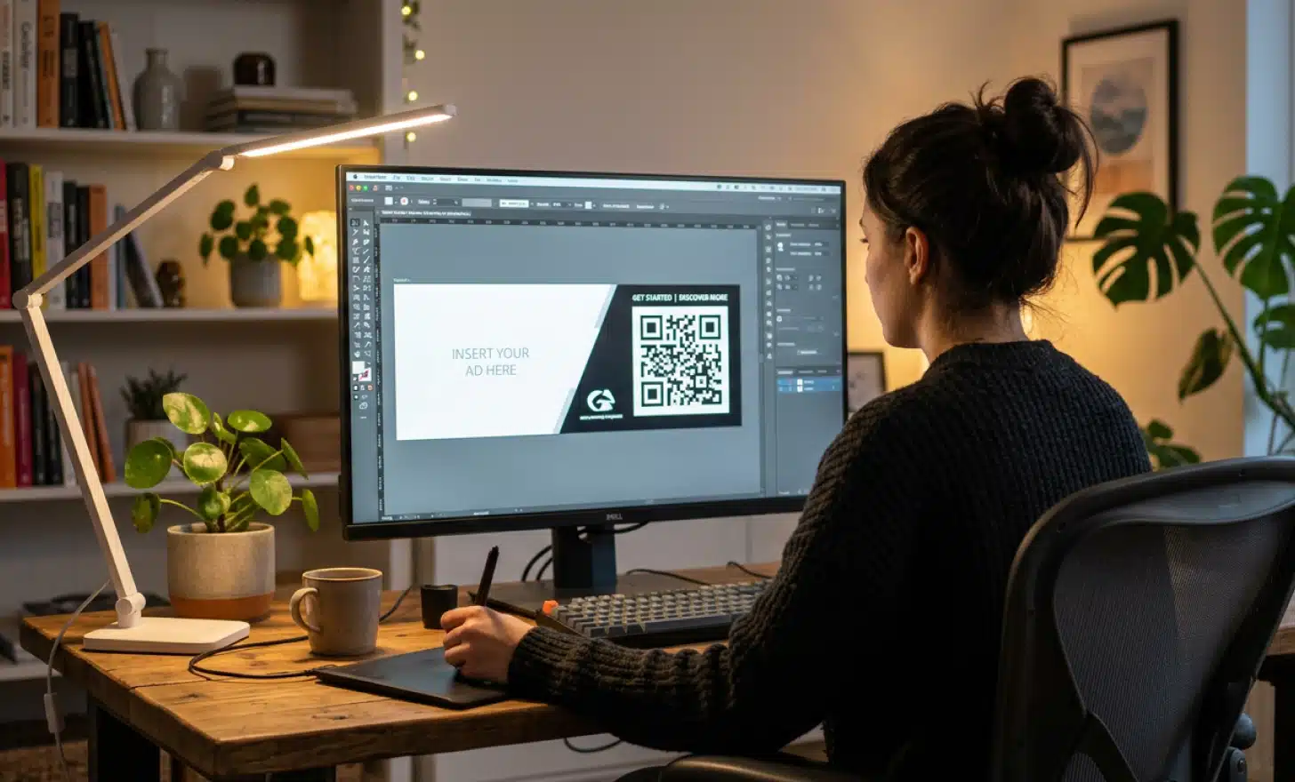 Designer working on a desktop monitor positioning a square graphic as a header banner image.