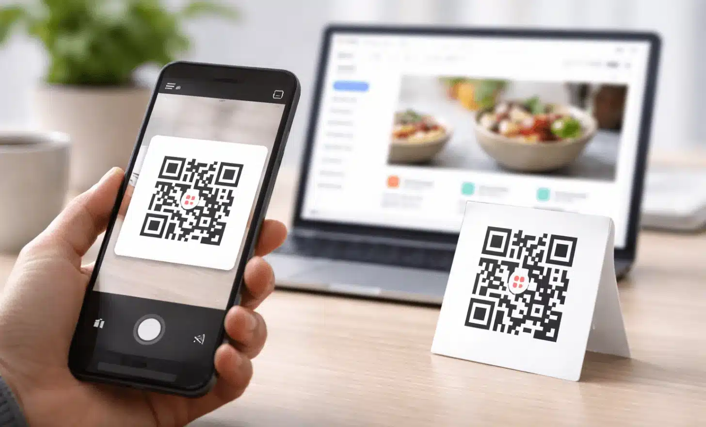 Diagram-like scene showing QR code redirection from scan to digital content