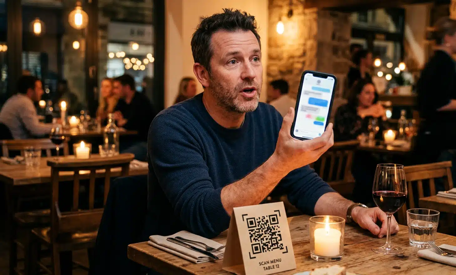 Diner asking a spoken question to his phone after scanning a QR code on a restaurant table tent