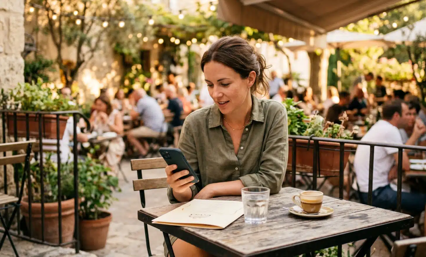 Diner at a bistro terrace looking at a smartphone with a printed menu on the table.