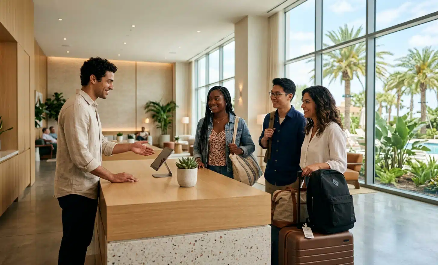Diverse group of hotel guests checking in at a modern reception desk