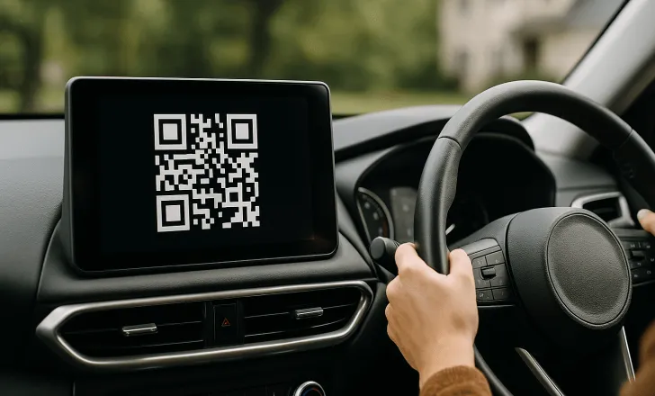 Driver viewing a QR code on a car’s infotainment screen in a suburban setting