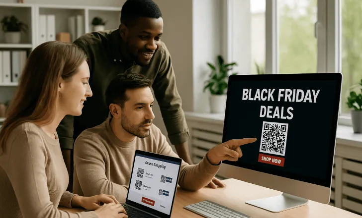 Ecommerce team reviewing Black Friday QR code promotions on screens in an office.