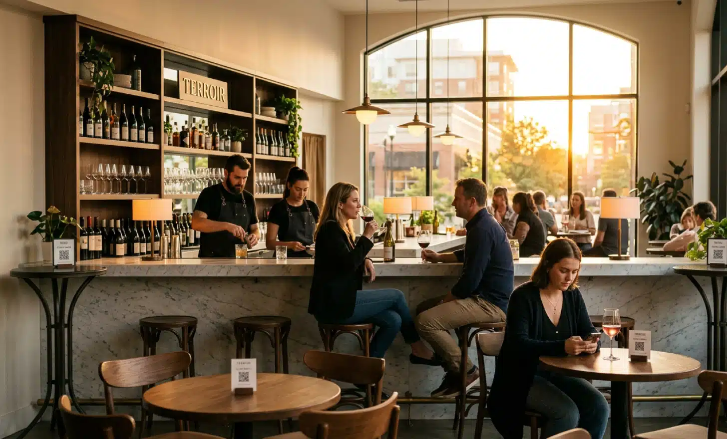 Elegant urban wine bar with multiple printed QR codes across tables and counter at golden hour