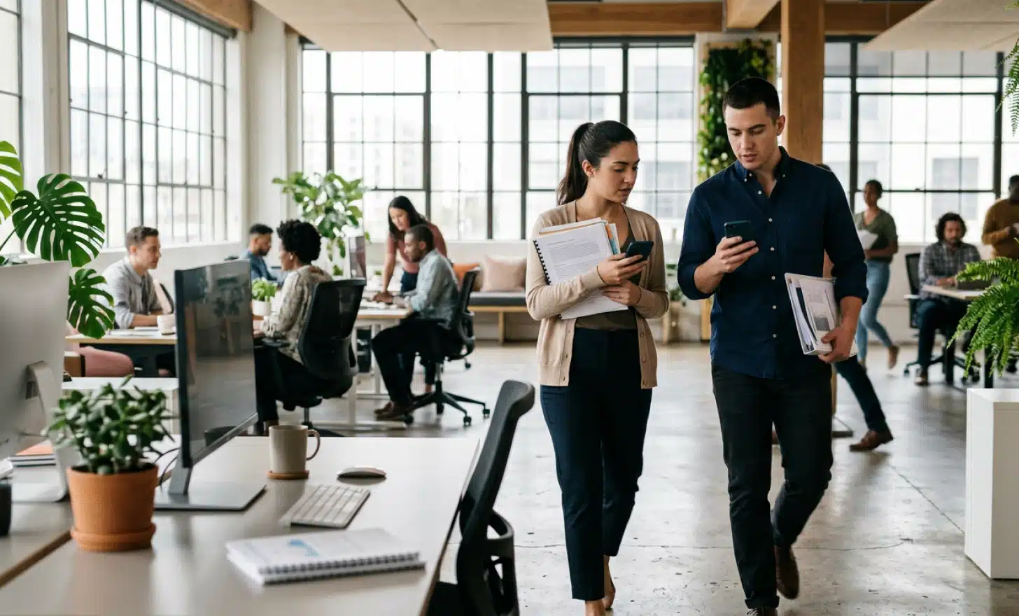 Employees in a modern open office blending printed reports with smartphones.