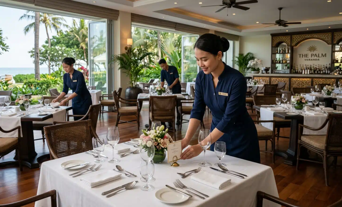 Empty resort restaurant before service with staff setting tables and one server adjusting a small card holder
