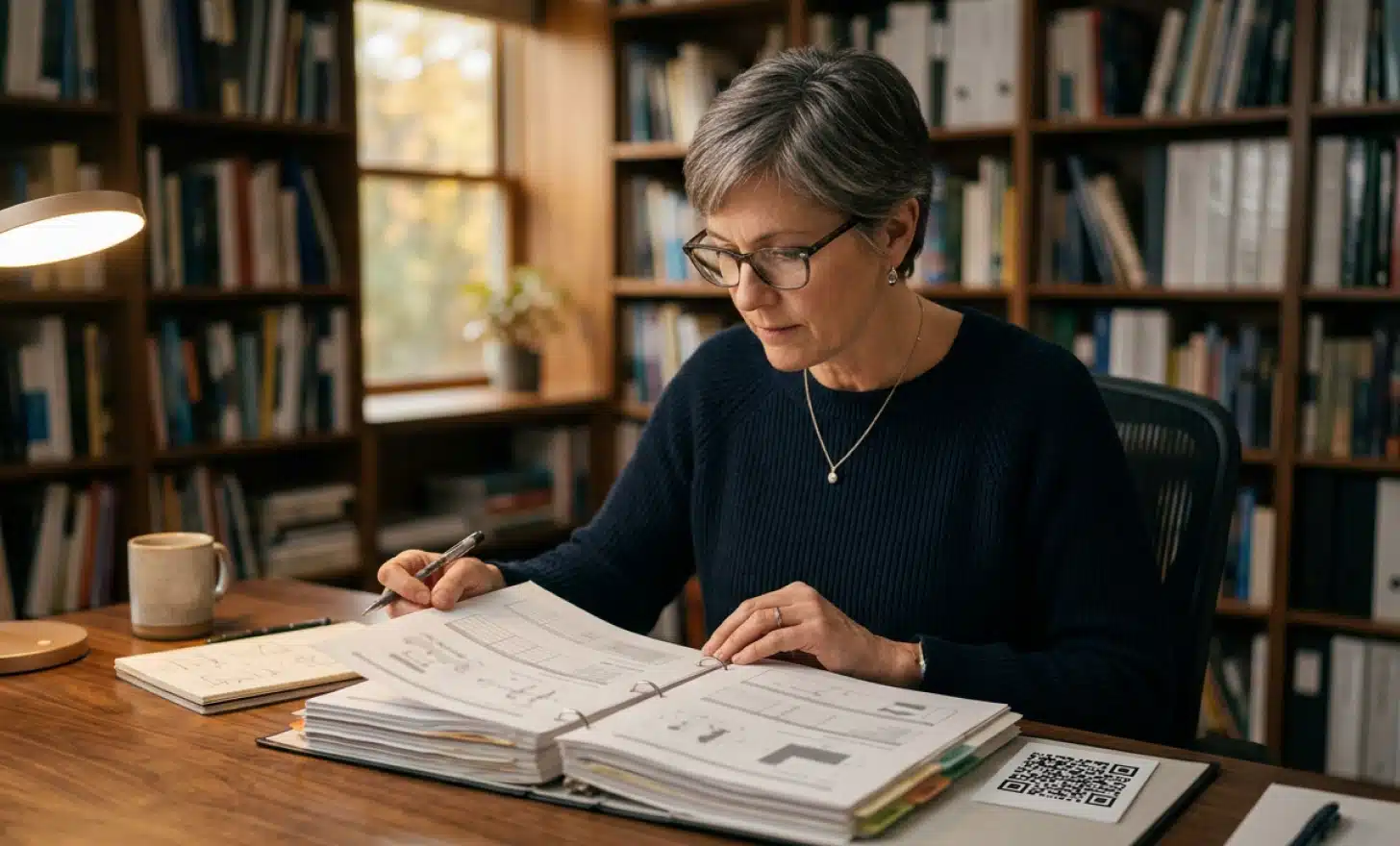 Engineer reviewing a technical standards binder next to a printed QR code sample in an office library.