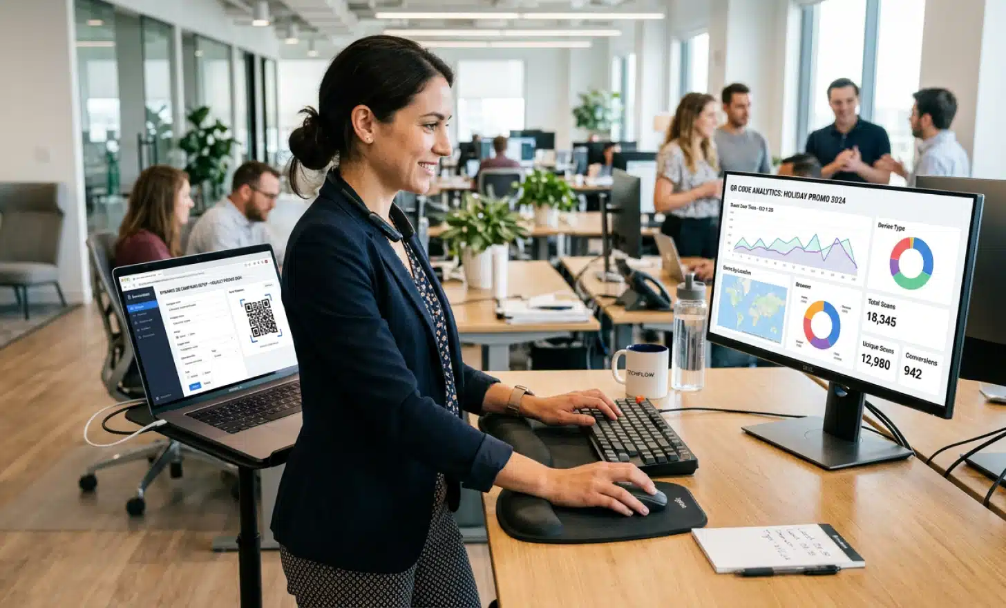 Enterprise user managing dynamic QR code campaigns and analytics on a laptop