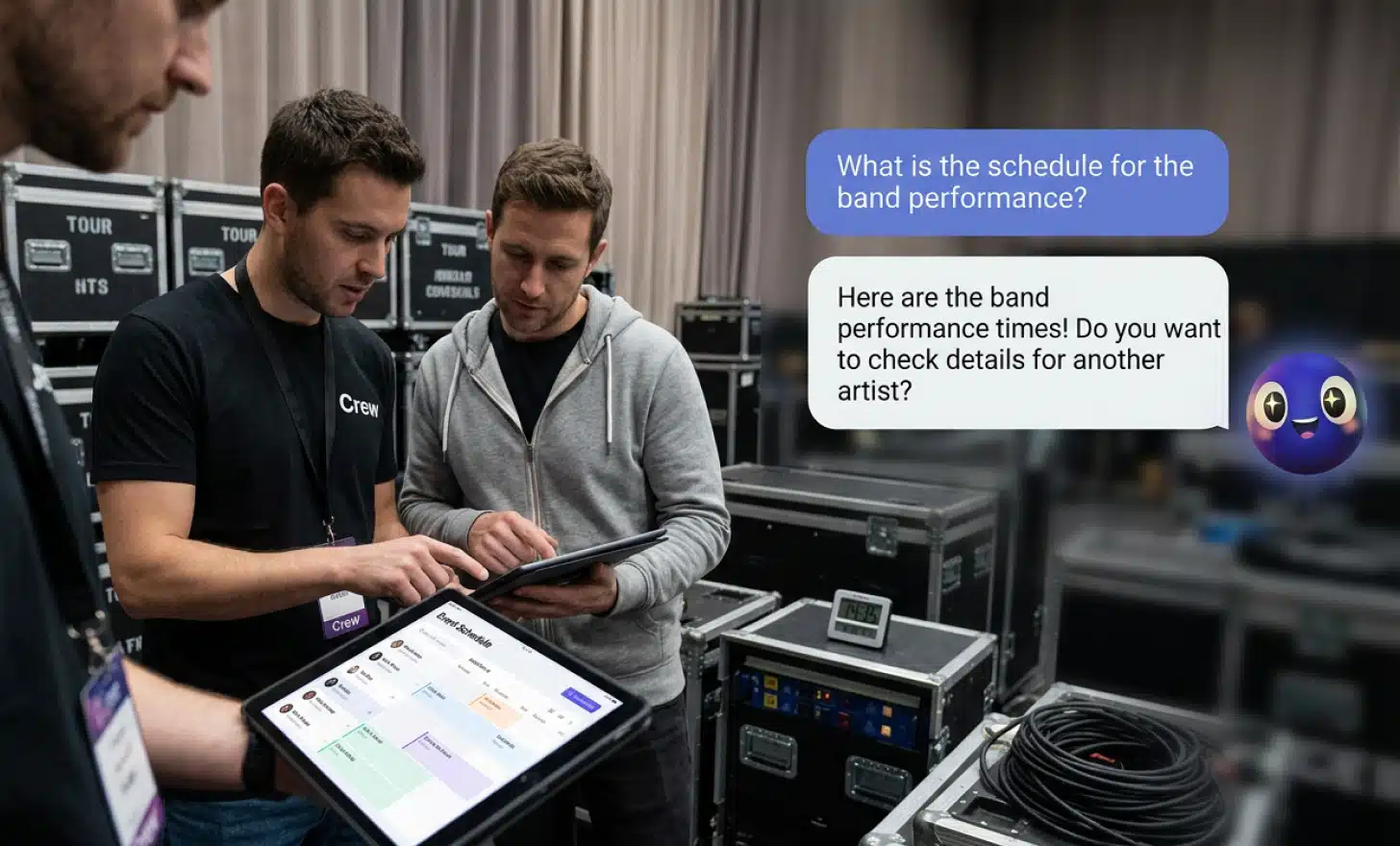 Event crew members reviewing a band performance schedule on a tablet backstage, with an AI assistant conversation visible on screen