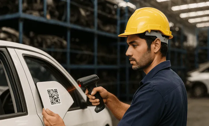 Factory worker in a hard hat scanning a QR code on a car part using a handheld scanner in an organized warehouse