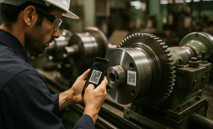 Factory worker scanning a QR code on a machine part for maintenance and traceability