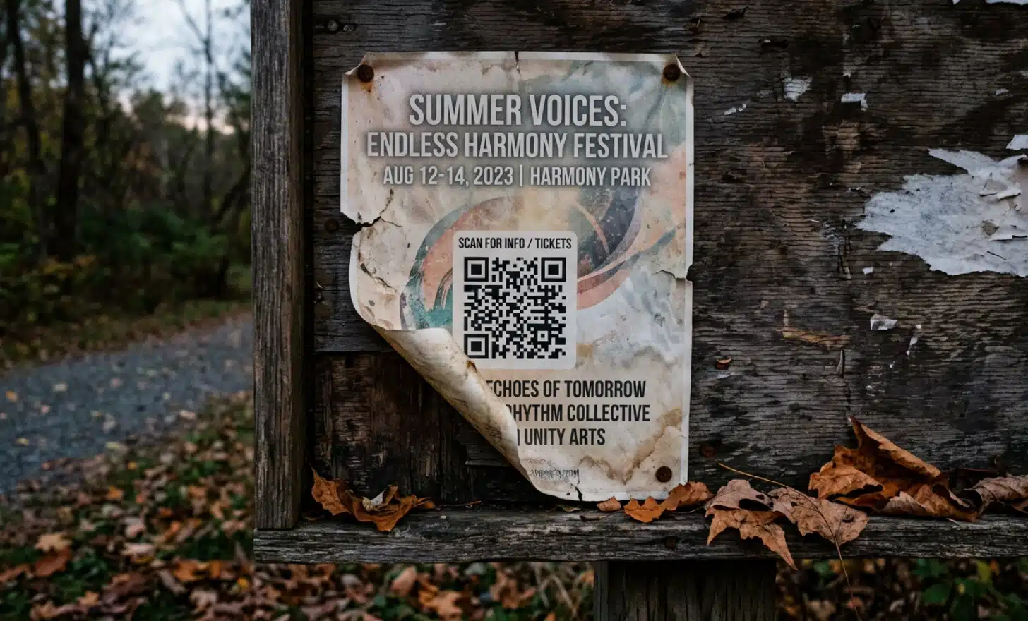 Faded torn event flyer with a QR code on an outdoor notice board, representing an expired campaign.