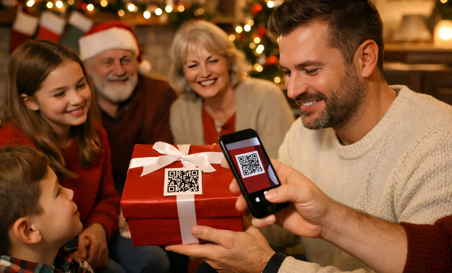 Family engaging with a QR code on Christmas gift packaging