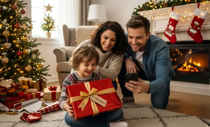 Family opening a Christmas gift with a QR code tag at home