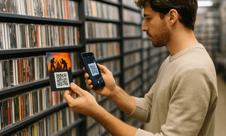 Fan scanning a QR code music card inside a record store.