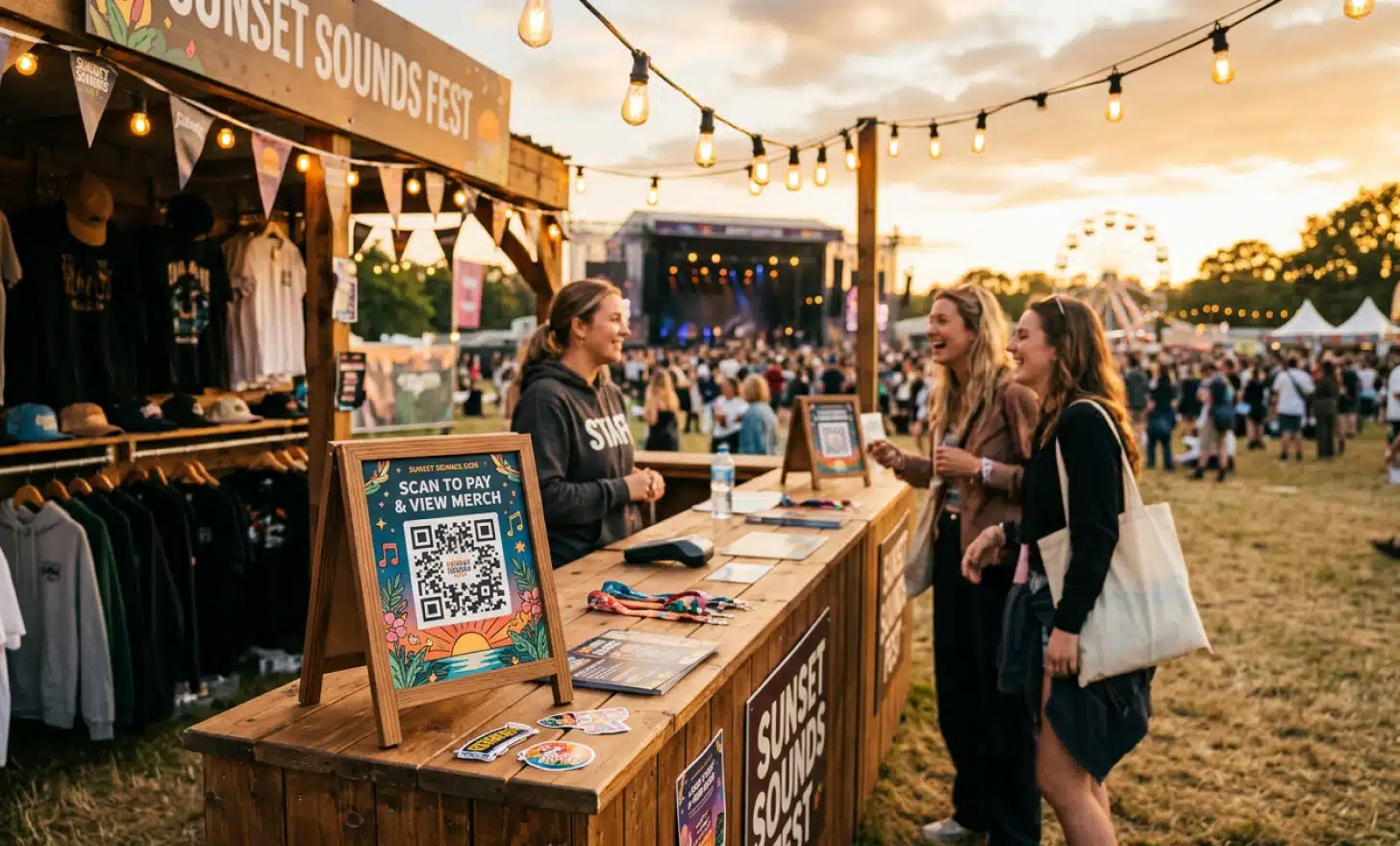Festival merchandise booth with a QR code display on the counter.