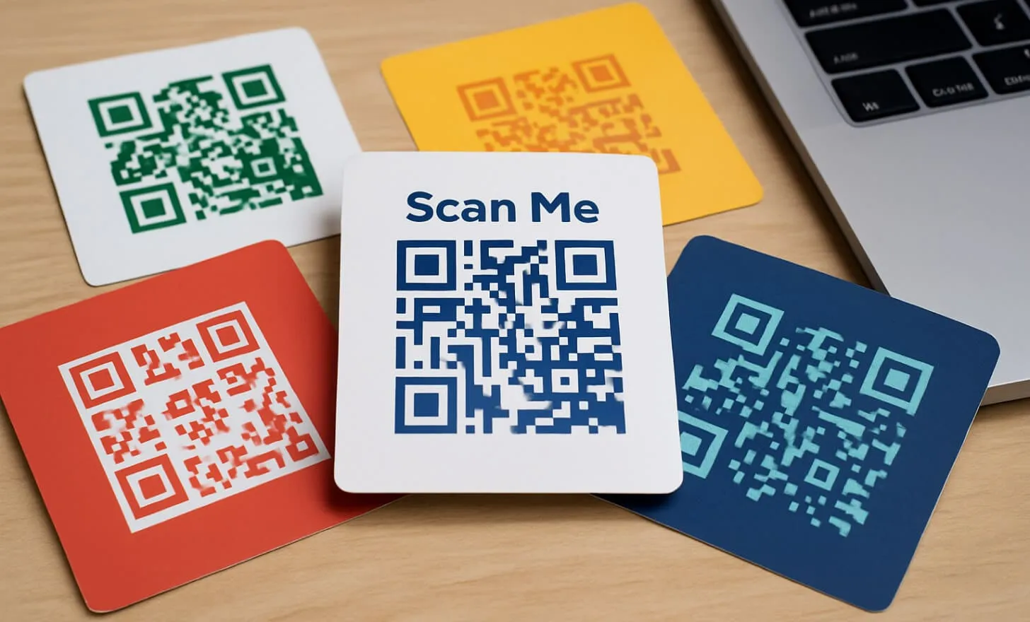 Cinco tarjetas coloridas de códigos QR dispuestas sobre un escritorio de madera con distintos esquemas de color