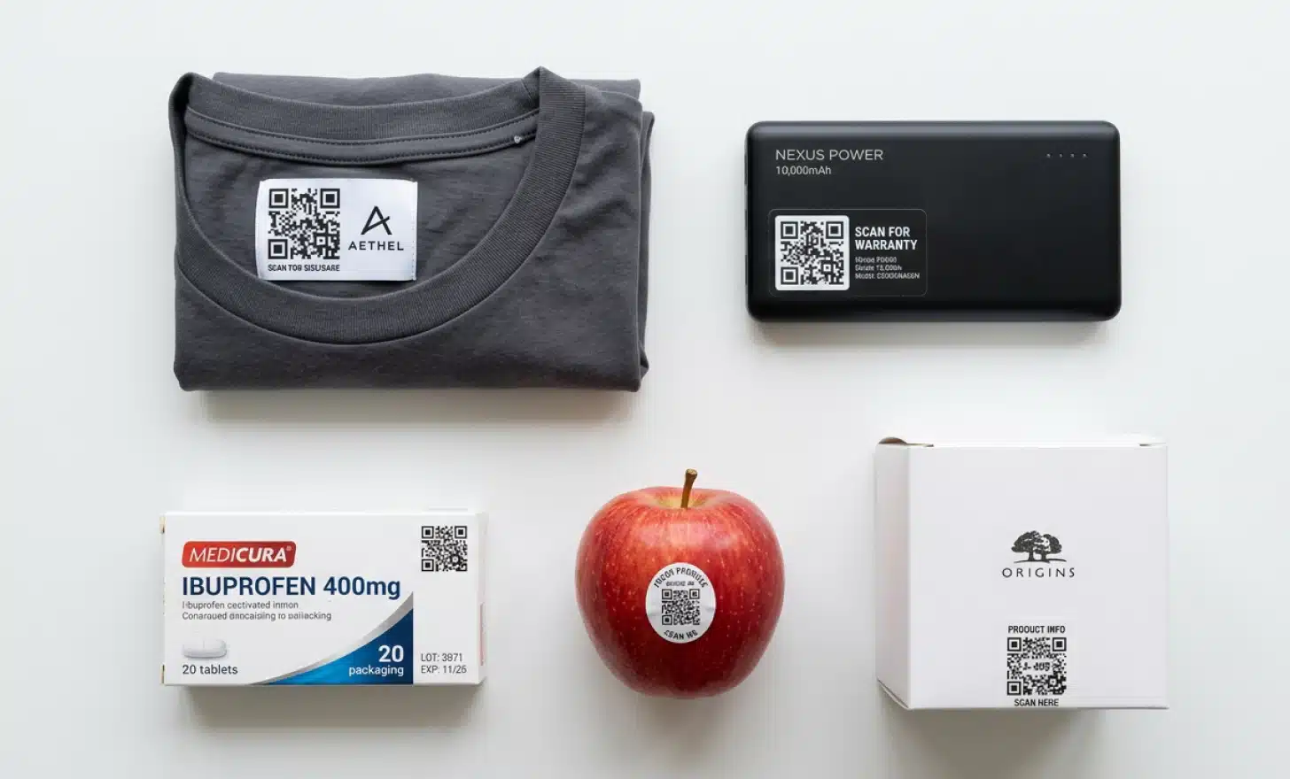 Five contemporary regulated products arranged in a grid on a white surface, each marked with a QR code